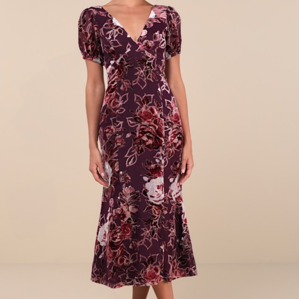 Lulus Loving Approach Purple Velvet Burnout Puff Sleeve Midi Dress - Size XL